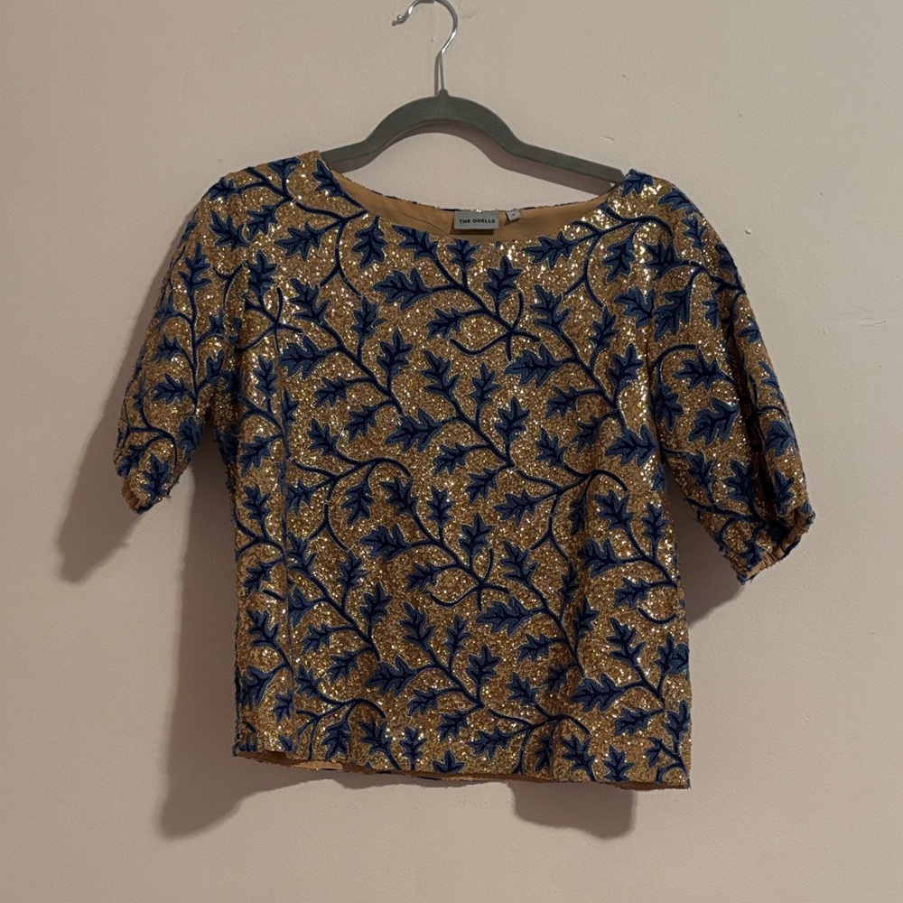 Elegant Gold and Blue Embroidered Blouse